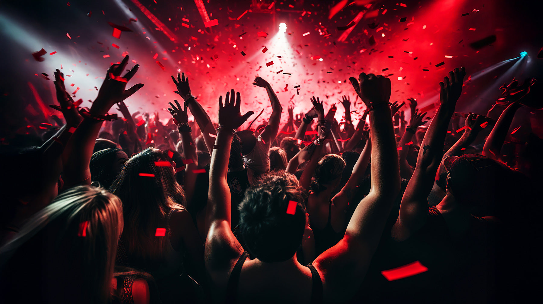Crowd celebrating under nightclub lighting, showing a high-energy environment that boosts guest spending
