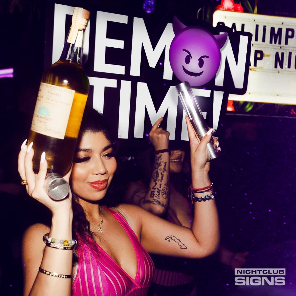 Bottle service presentation with bottle girls using the Demon Time nightclub sign, LED sparklers, and VIP props