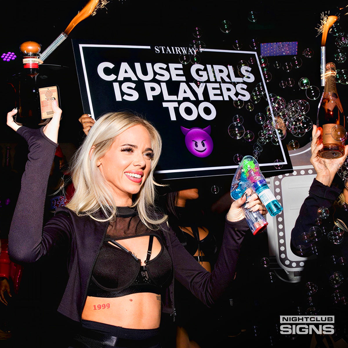 bottle service signs with bottle girls and led signs vip presentation