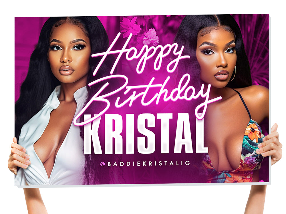 Custom pink neon happy birthday sign with personalized name and two photo inserts, printed on a solid board for club-theme parties and bottle service presentations